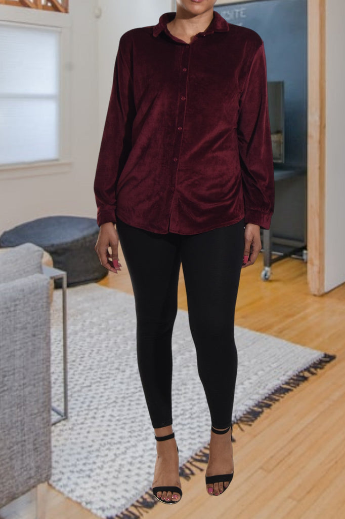 Maroon Velour Button Front Top - StylePhase SA