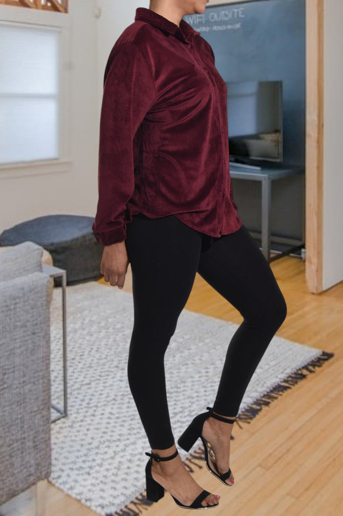 Maroon Velour Button Front Top - StylePhase SA