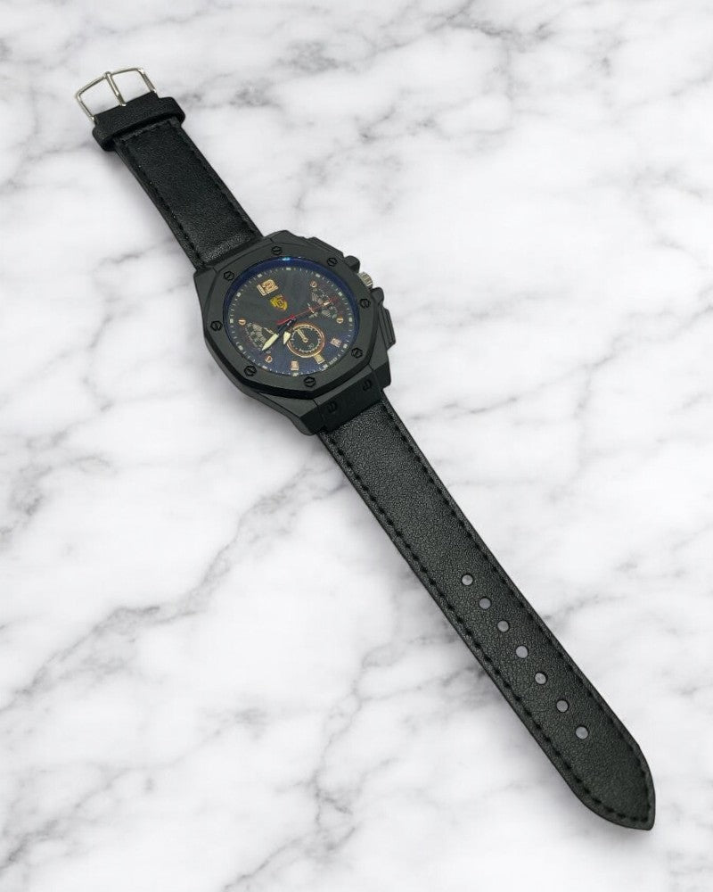 Men All Black Leather Strap Watch - StylePhase SA