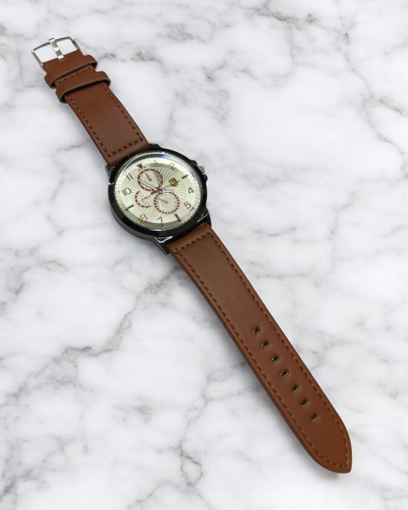 Men Brown Designed Leather Strap Watch - StylePhase SA