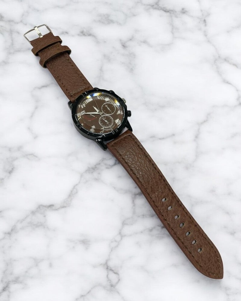 Men Dark Brown Leather Strap Watch - StylePhase SA