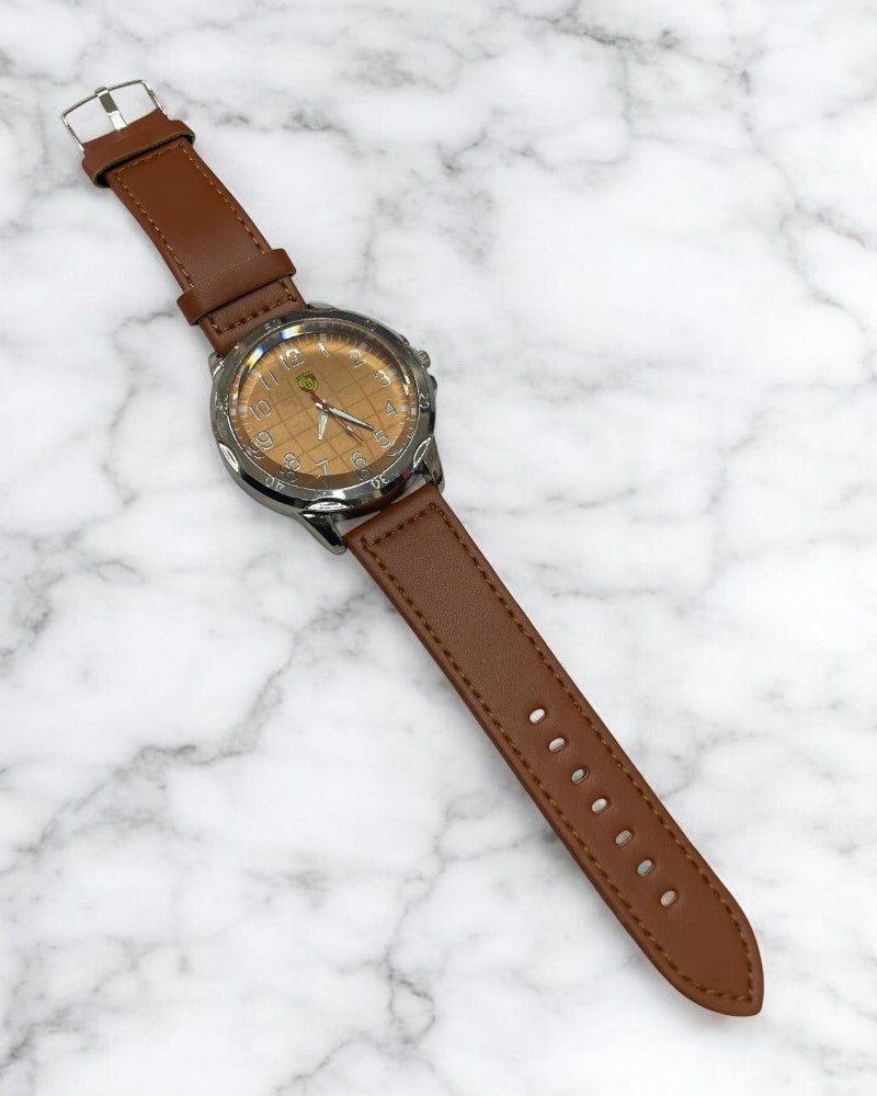 Men Silver Face & Brown Strap Watch - StylePhase SA