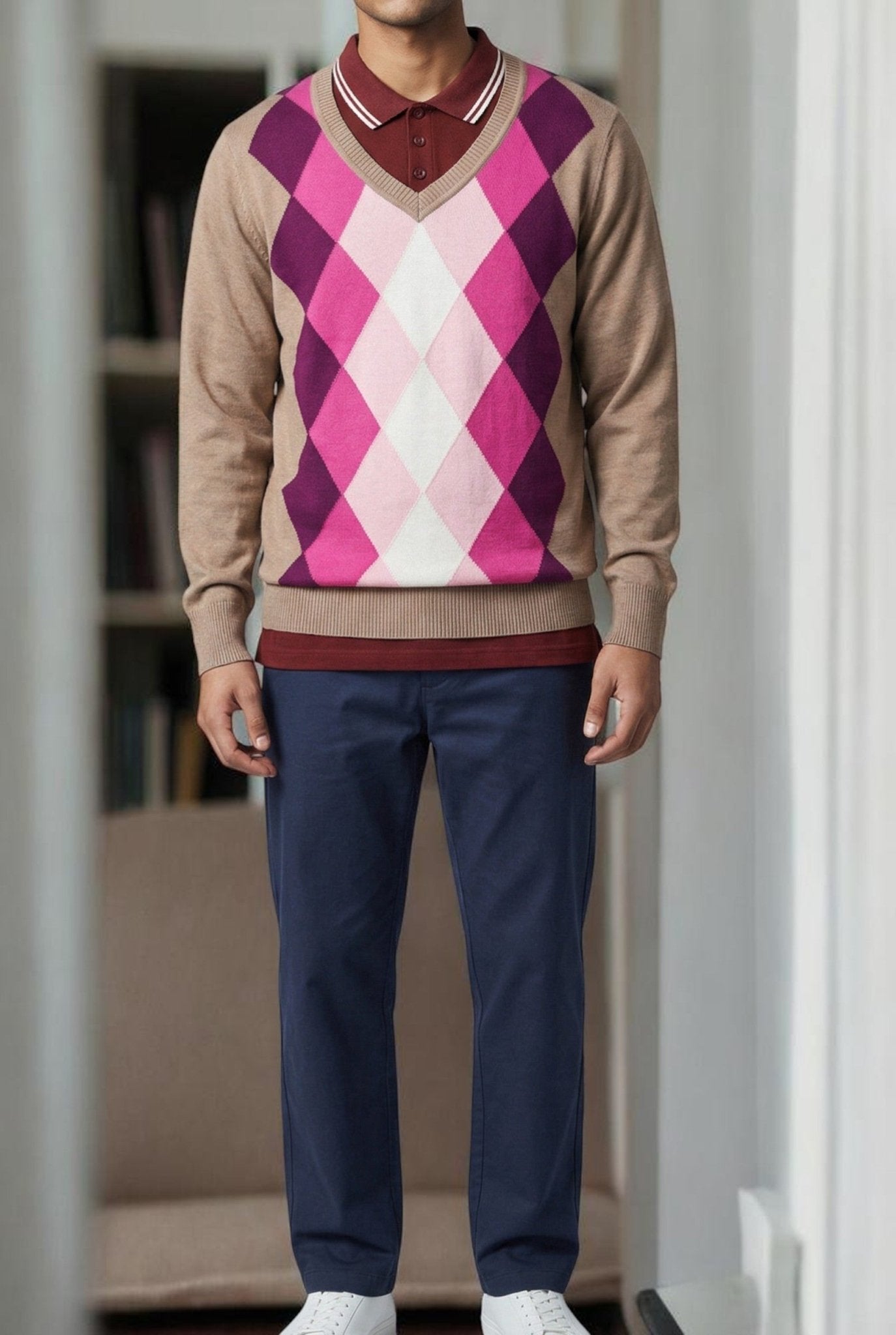 Mens Beige Diamond Print Sweater - StylePhase SA
