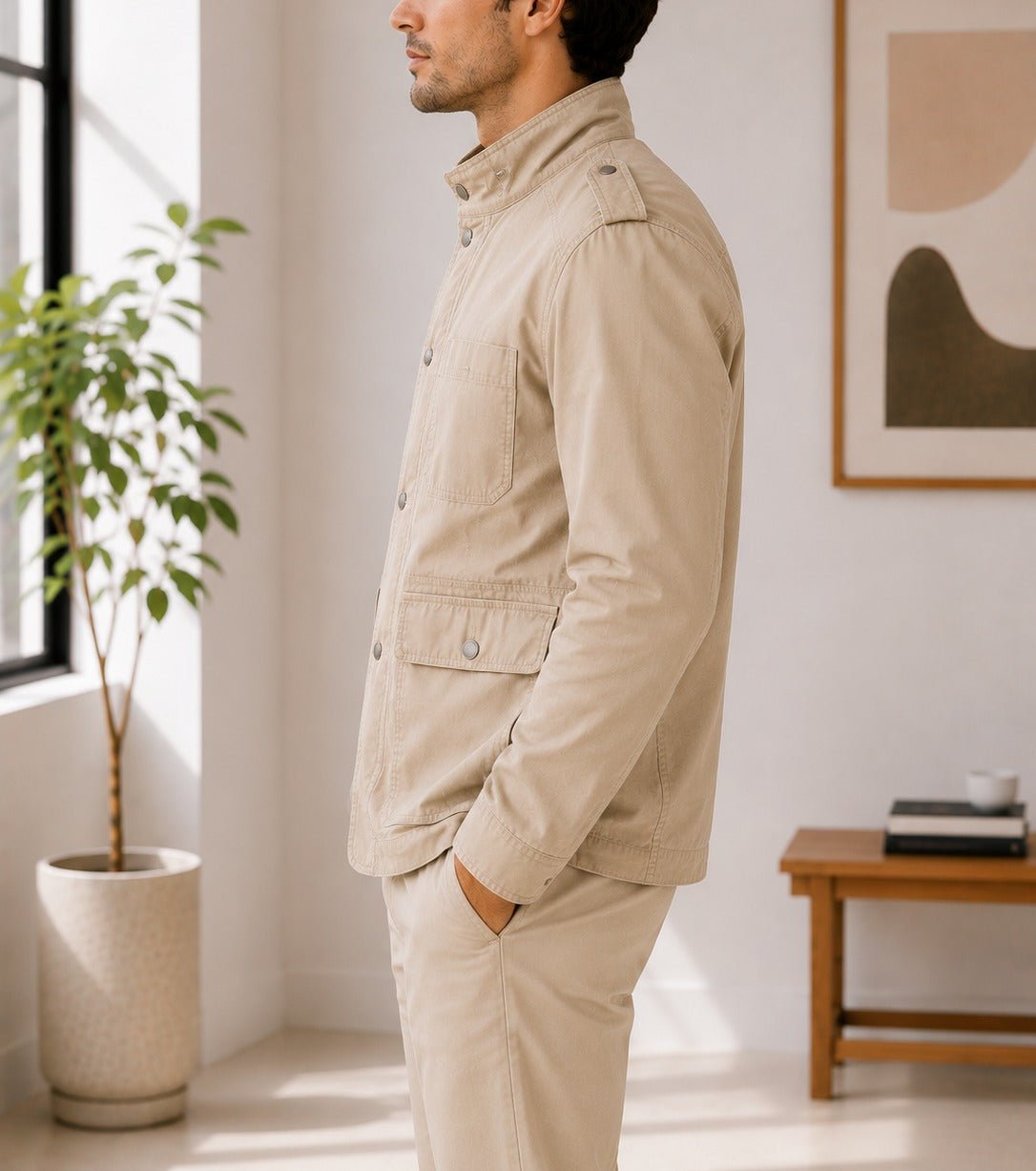 Mens Beige Pocket Front Jacket - StylePhase SA