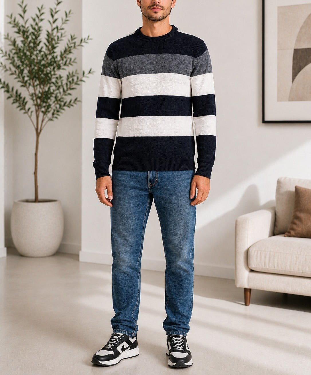 Men's Black And White Stripe Knit Jersey - StylePhase SA