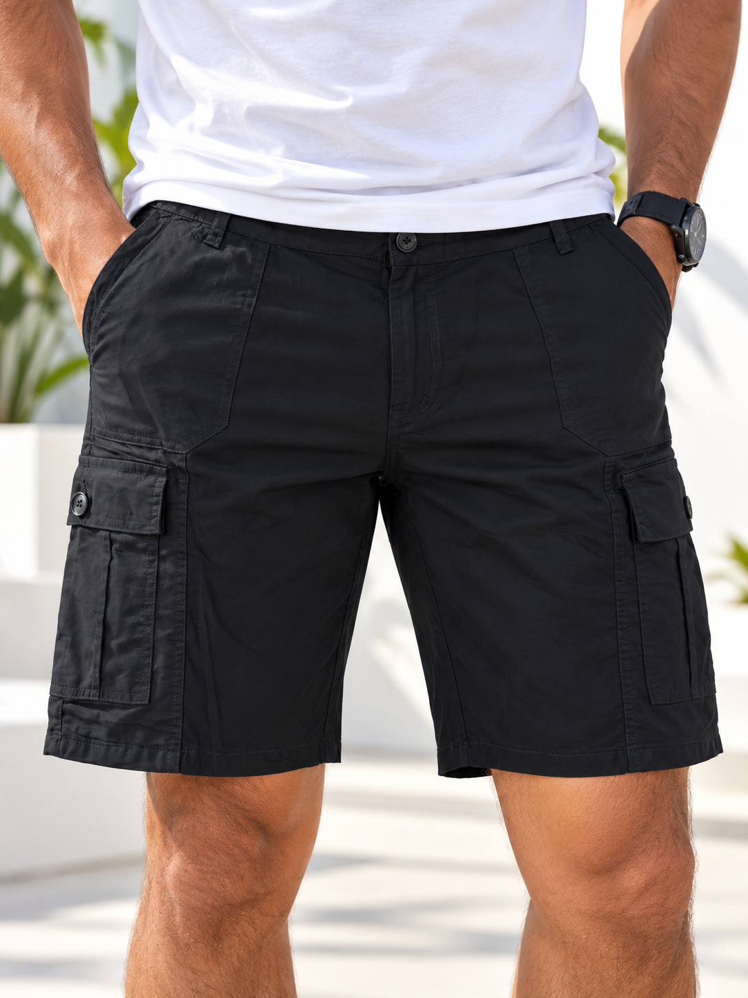 Men's black cargo shorts front view