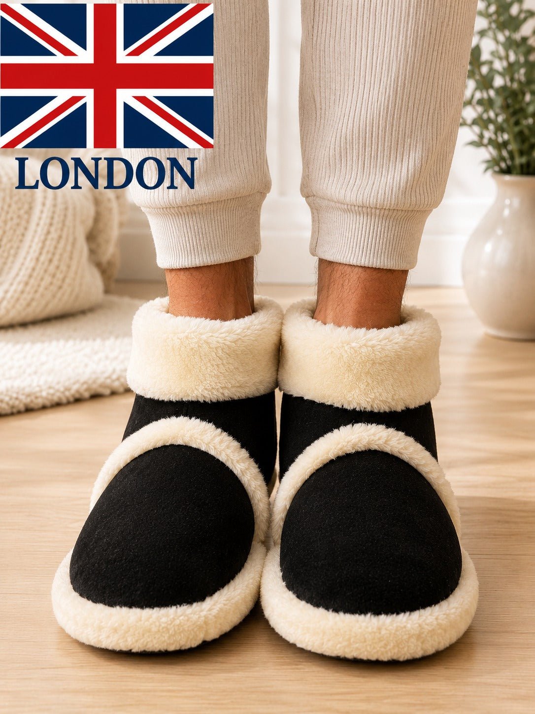 Mens Black Faux Fur Warm Shoe - StylePhase SA