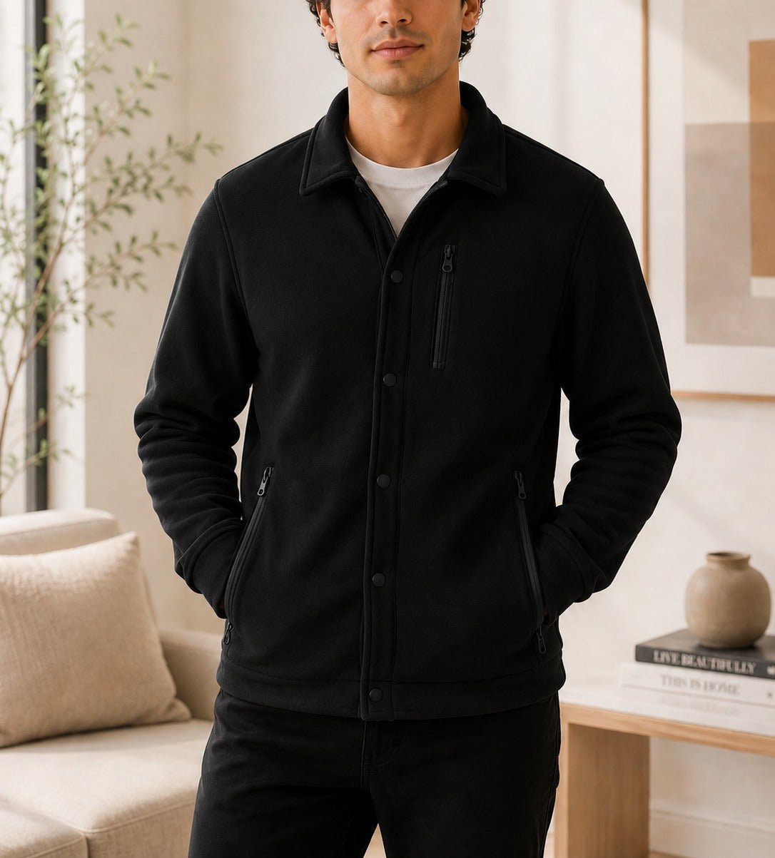 Mens Black Fleece Chest Zip Jacket - StylePhase SA