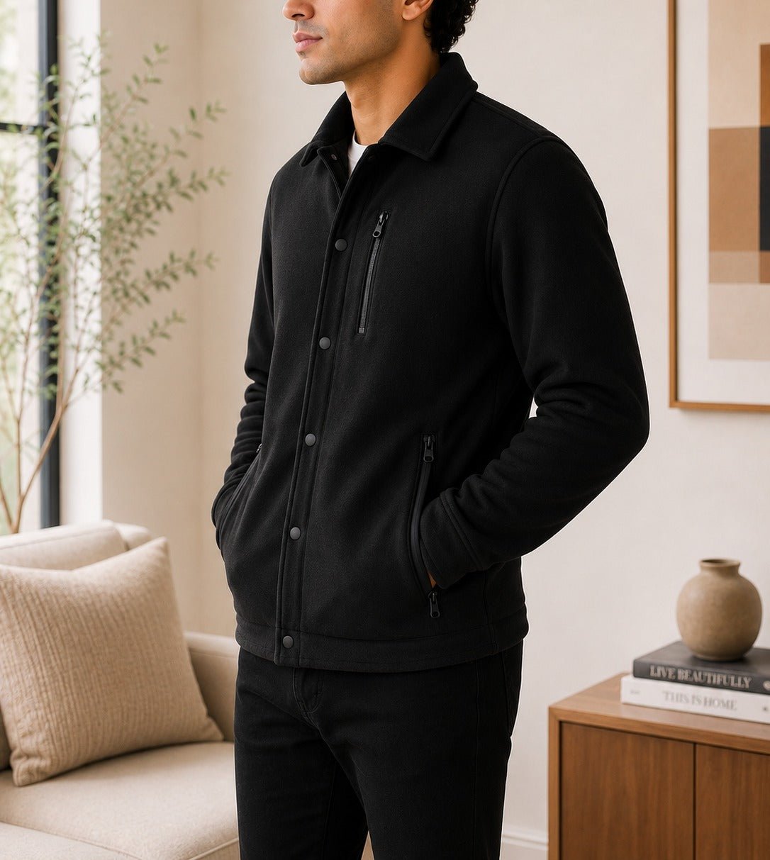 Mens Black Fleece Double Chest Zip Jacket - StylePhase SA
