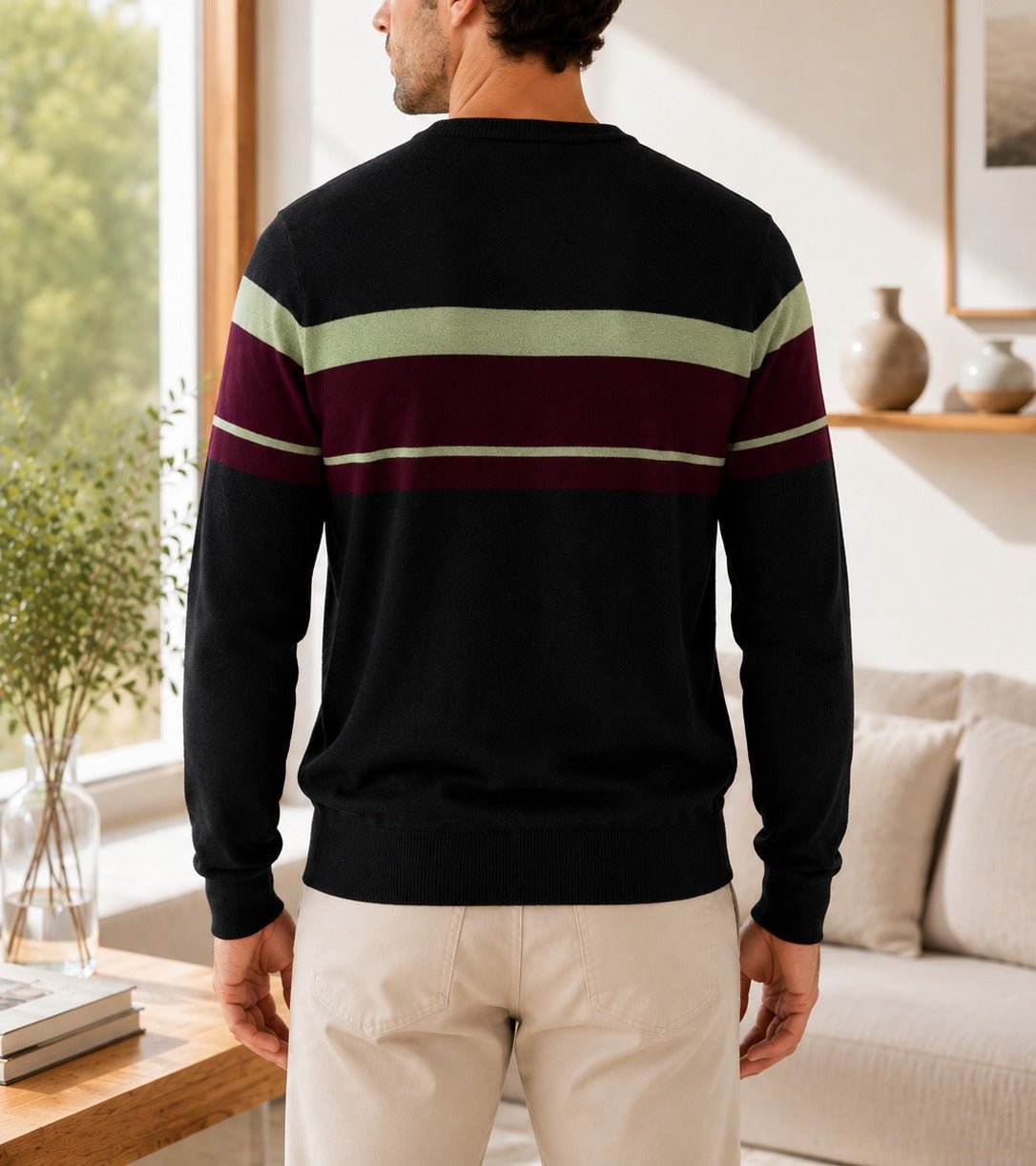 Men's Black Multi Stripe Crew Neck Knit Jersey - StylePhase SA