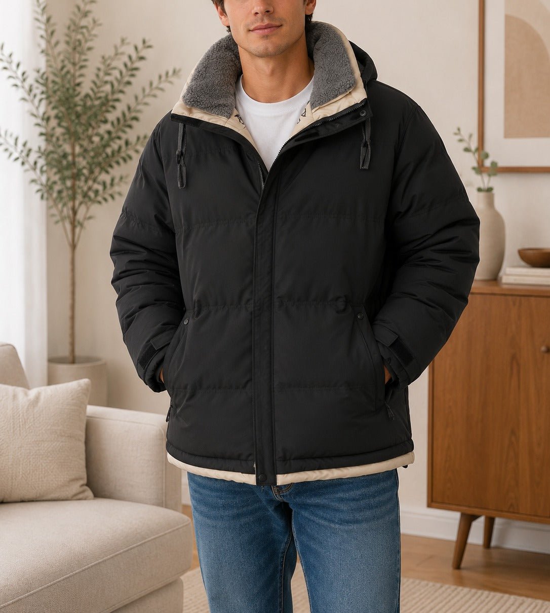 Mens Black & Off White Neck Fleece Puffer Pocket Jacket - StylePhase SA