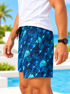 Back view of men's blue abstract hexagon print shorts