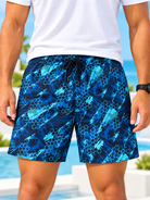 Side view of men's blue abstract hexagon print shorts
