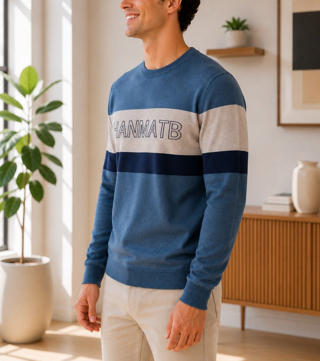 Men's Blue And Beige Printed Knit Jersey - StylePhase SA