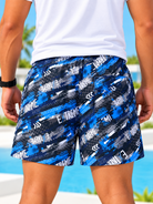 Back view of men's blue extreme graphic print shorts