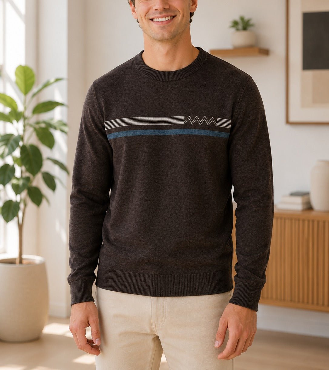 Men's Brown Crew Neck Stripe Knit Sweater - StylePhase SA