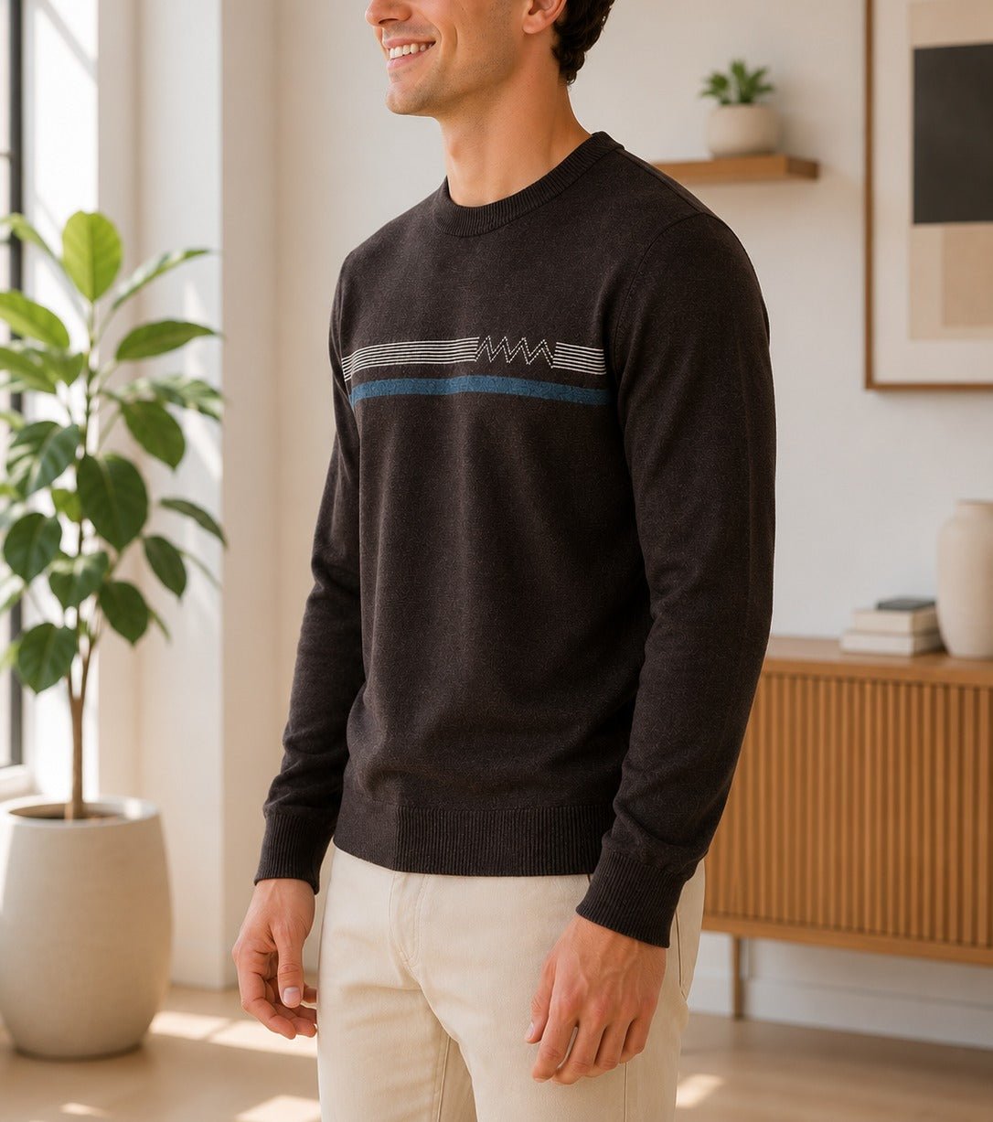 Men's Brown Crew Neck Stripe Knit Sweater - StylePhase SA