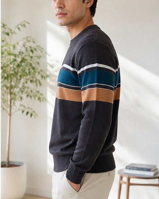 Men's Brown & Teal Stripe Round Neck Sweater - StylePhase SA