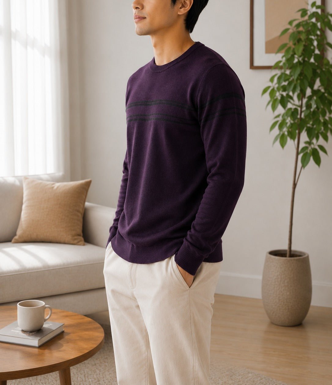 Men's Burgandy & Black Stripe Round Neck Sweater - StylePhase SA