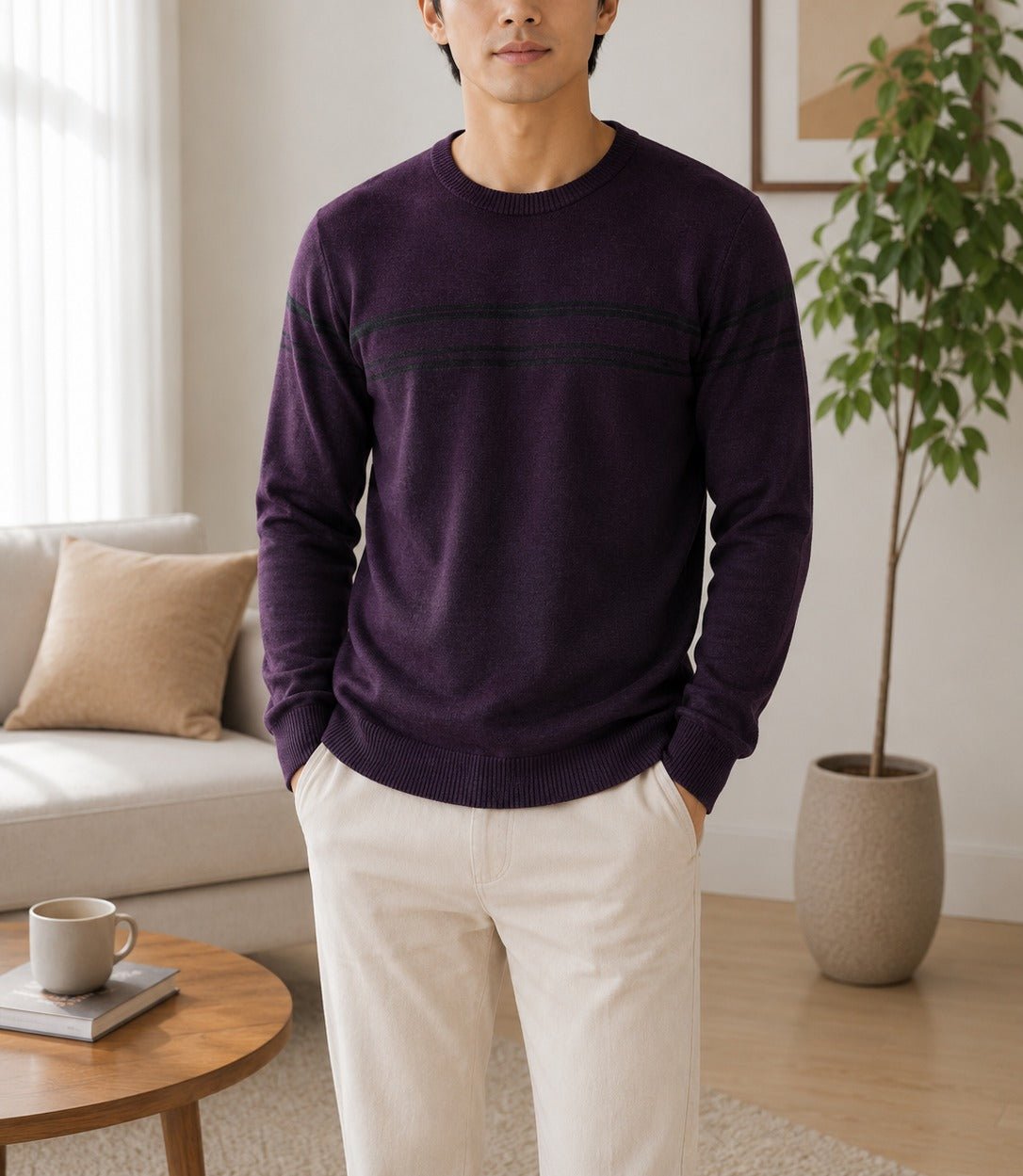 Men's Burgandy & Black Stripe Round Neck Sweater - StylePhase SA
