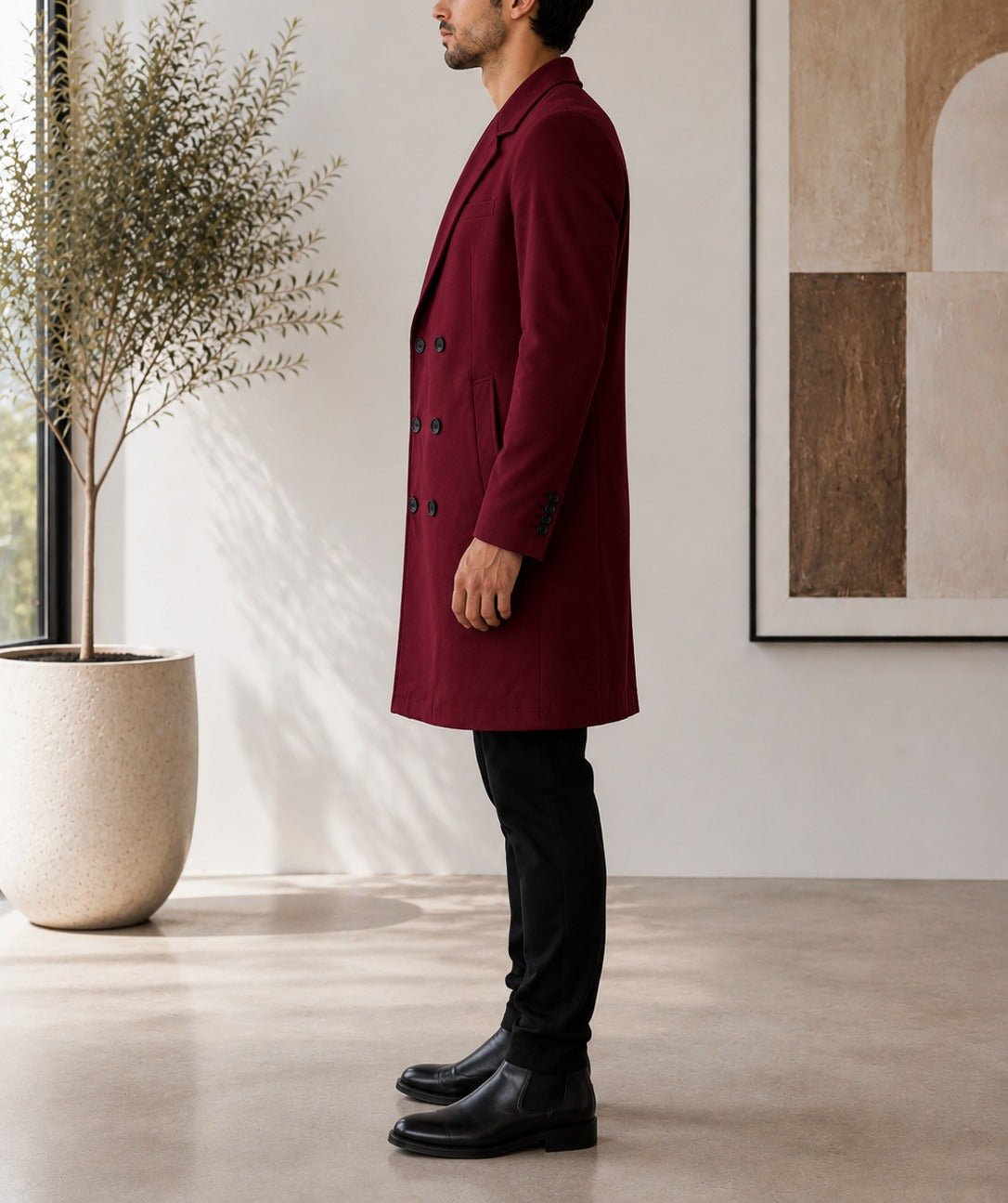 Men's Burgundy Double Breasted Melton Coat - StylePhase SA