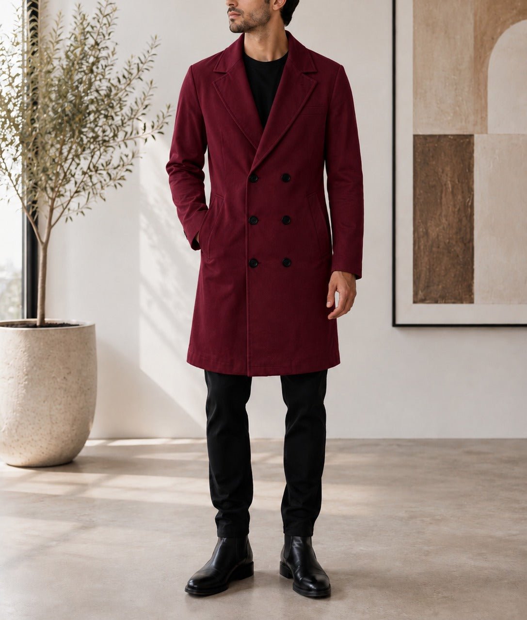 Men's Burgundy Double Breasted Melton Coat - StylePhase SA