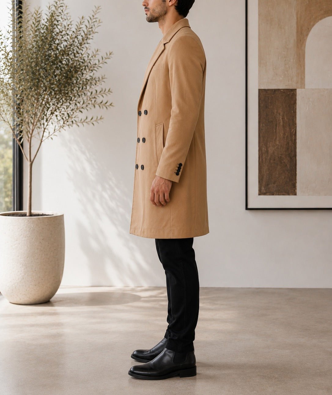 Men's Camel Double Breasted Melton Coat - StylePhase SA