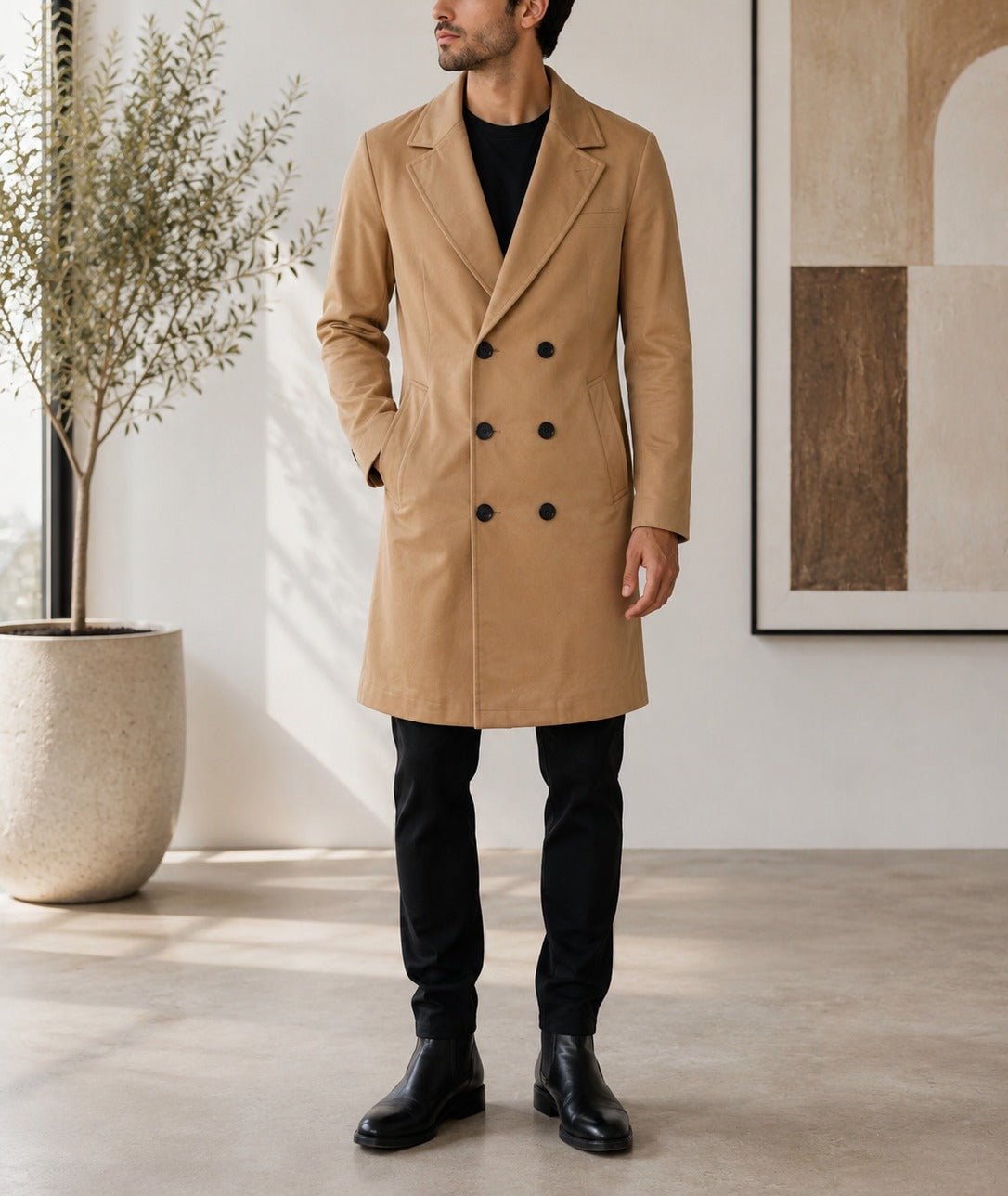 Men's Camel Double Breasted Melton Coat - StylePhase SA