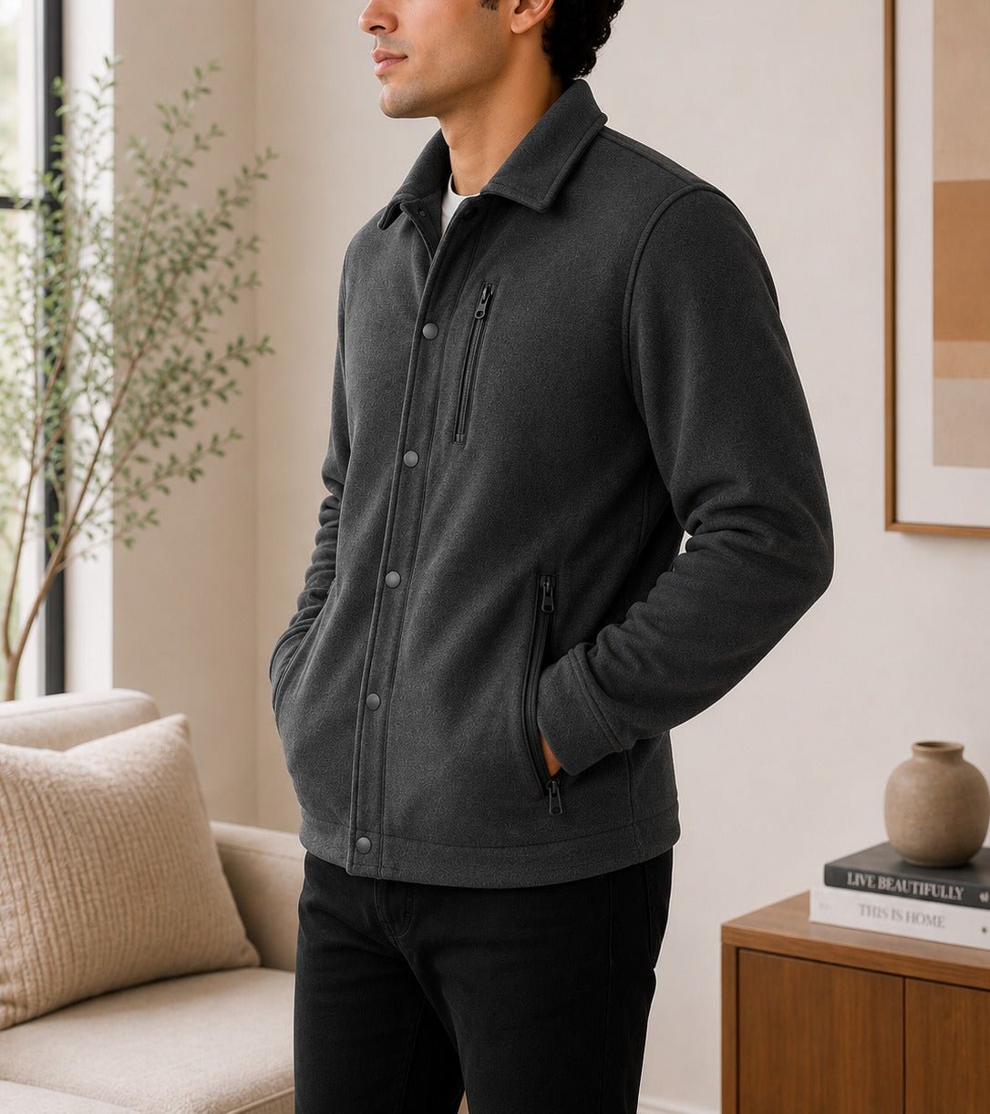 Mens Charcoal Fleece Chest Zip Jacket - StylePhase SA