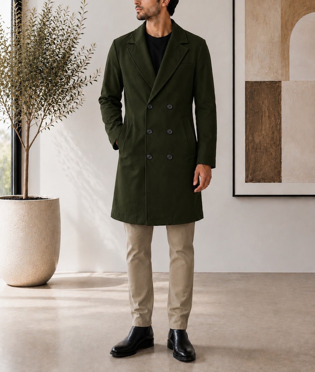 Men's Dark Green Double Breasted Melton Coat - StylePhase SA