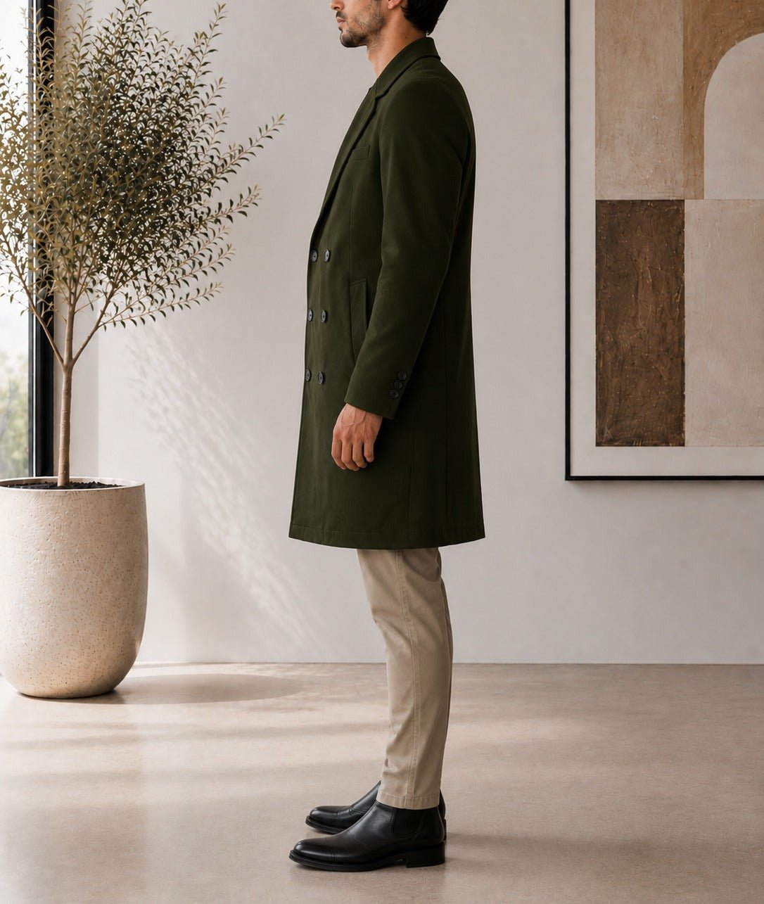 Men's Dark Green Double Breasted Melton Coat - StylePhase SA