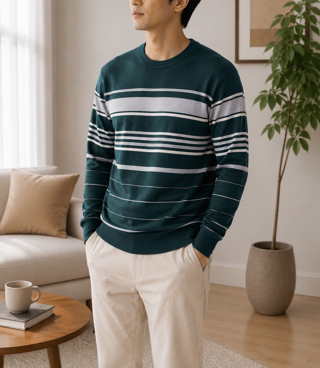 Men's Dark Green & Grey Stripe Round Neck Sweater - StylePhase SA