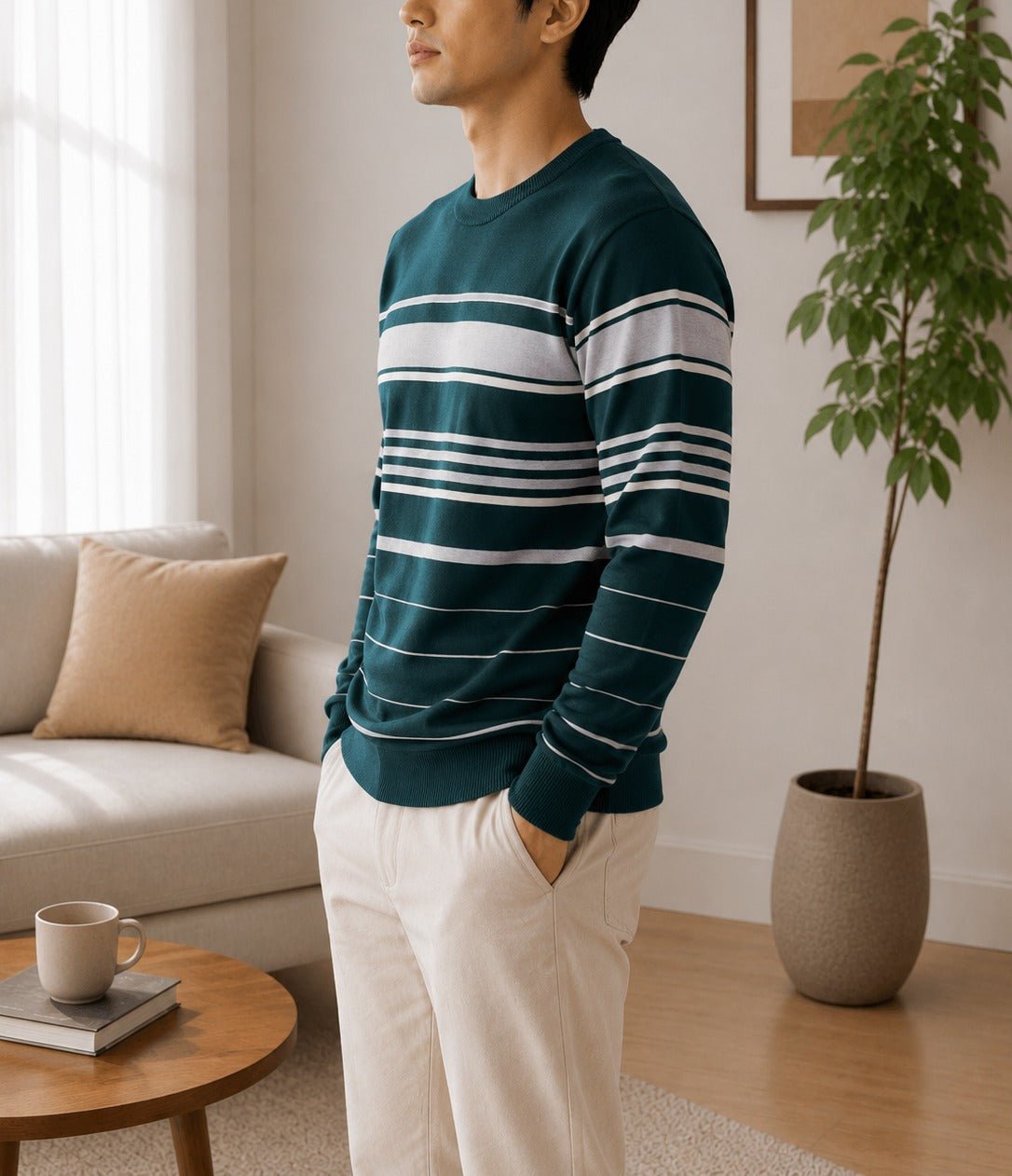 Men's Dark Green & Grey Stripe Round Neck Sweater - StylePhase SA