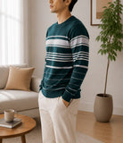 Men's Dark Green & Grey Stripe Round Neck Sweater - StylePhase SA
