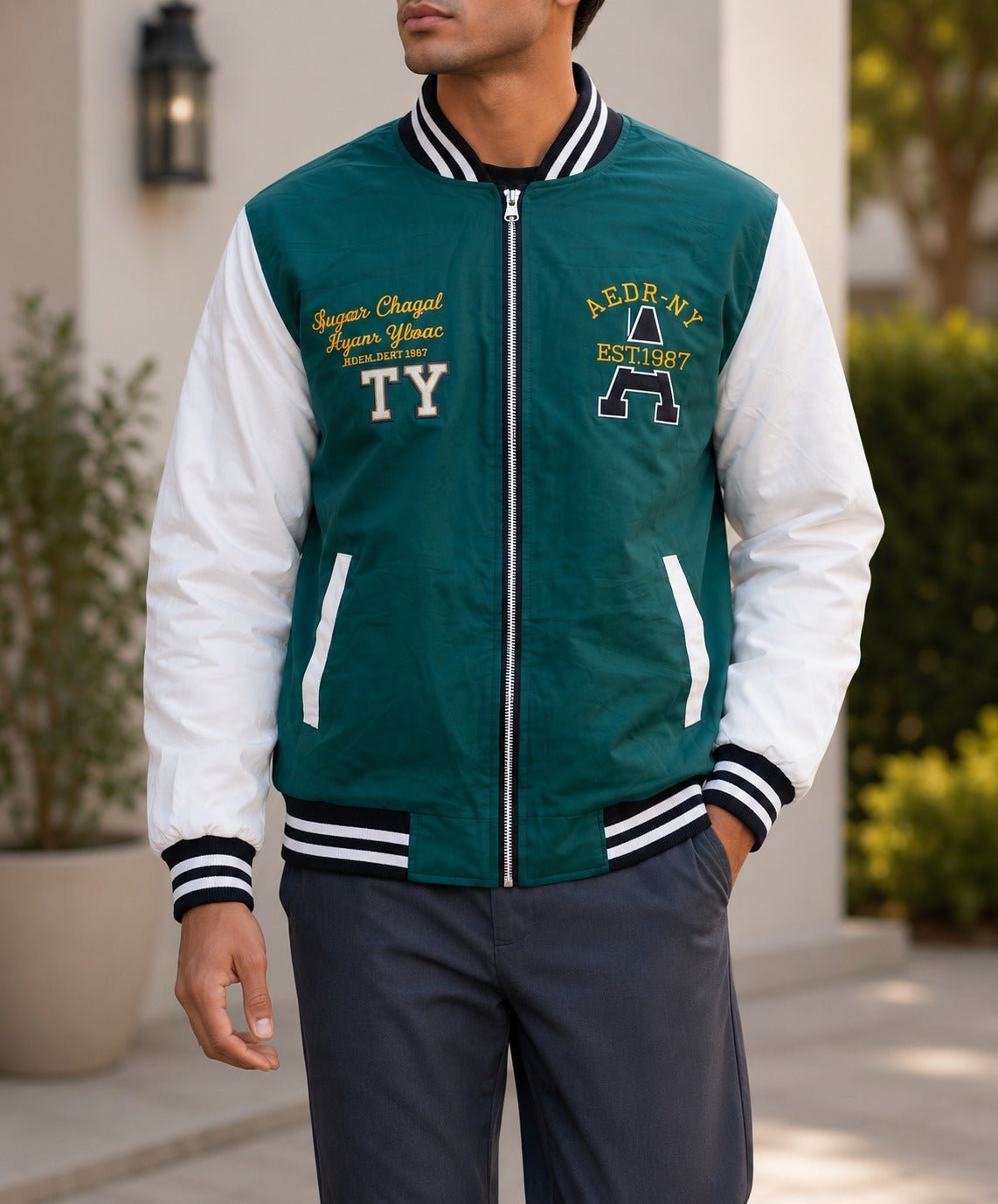 Mens Dark Green Printed Zip Jacket - StylePhase SA