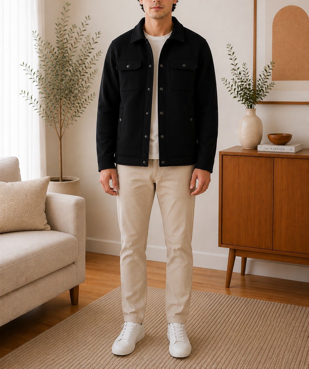Mens Fur Lined Black Flat Pocket Jacket - StylePhase SA