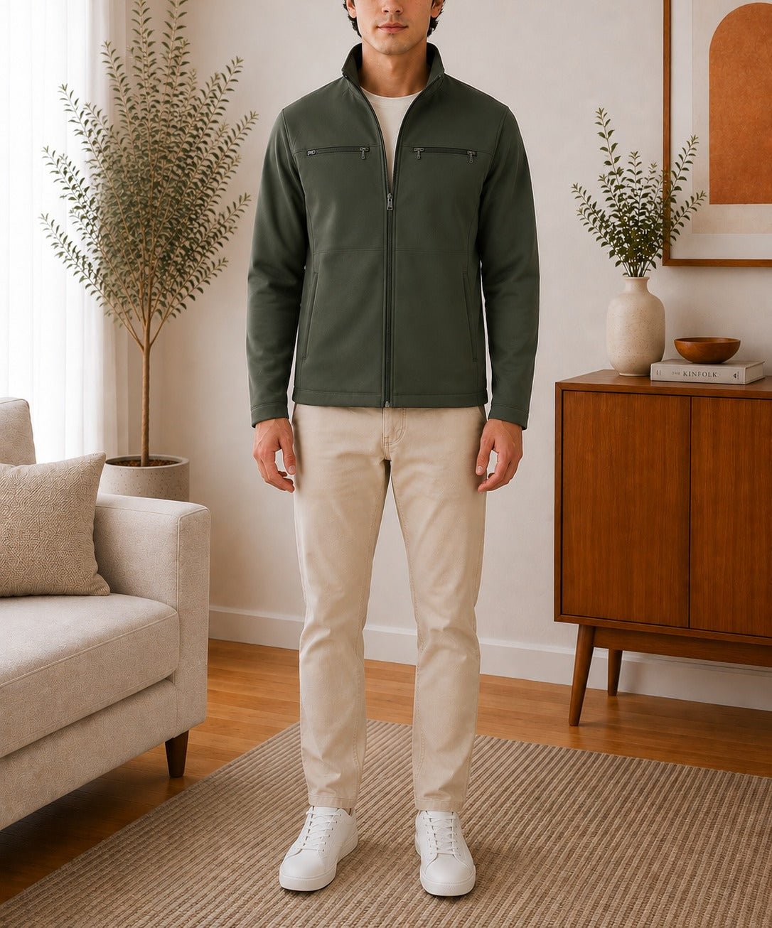 Mens Fur Zip Olive Green Pocket Jacket - StylePhase SA