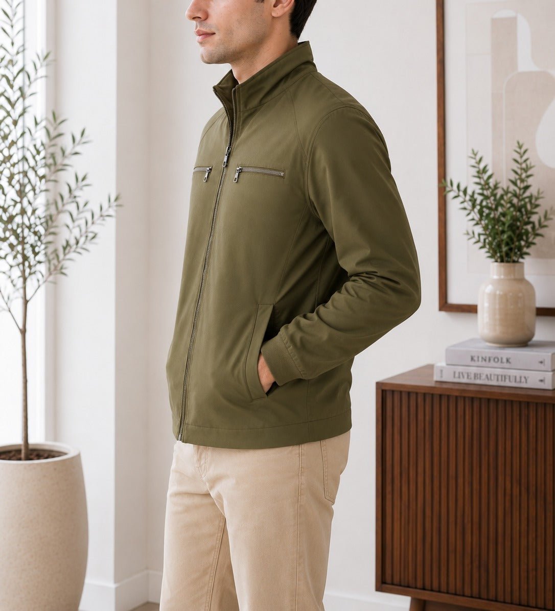 Mens Fur Zip Olive Pocket Jacket - StylePhase SA