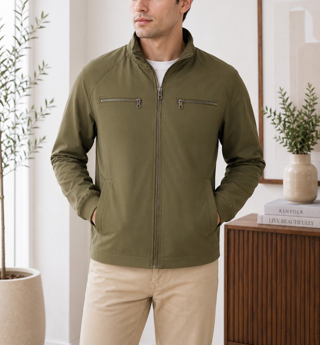 Mens Fur Zip Olive Pocket Jacket - StylePhase SA