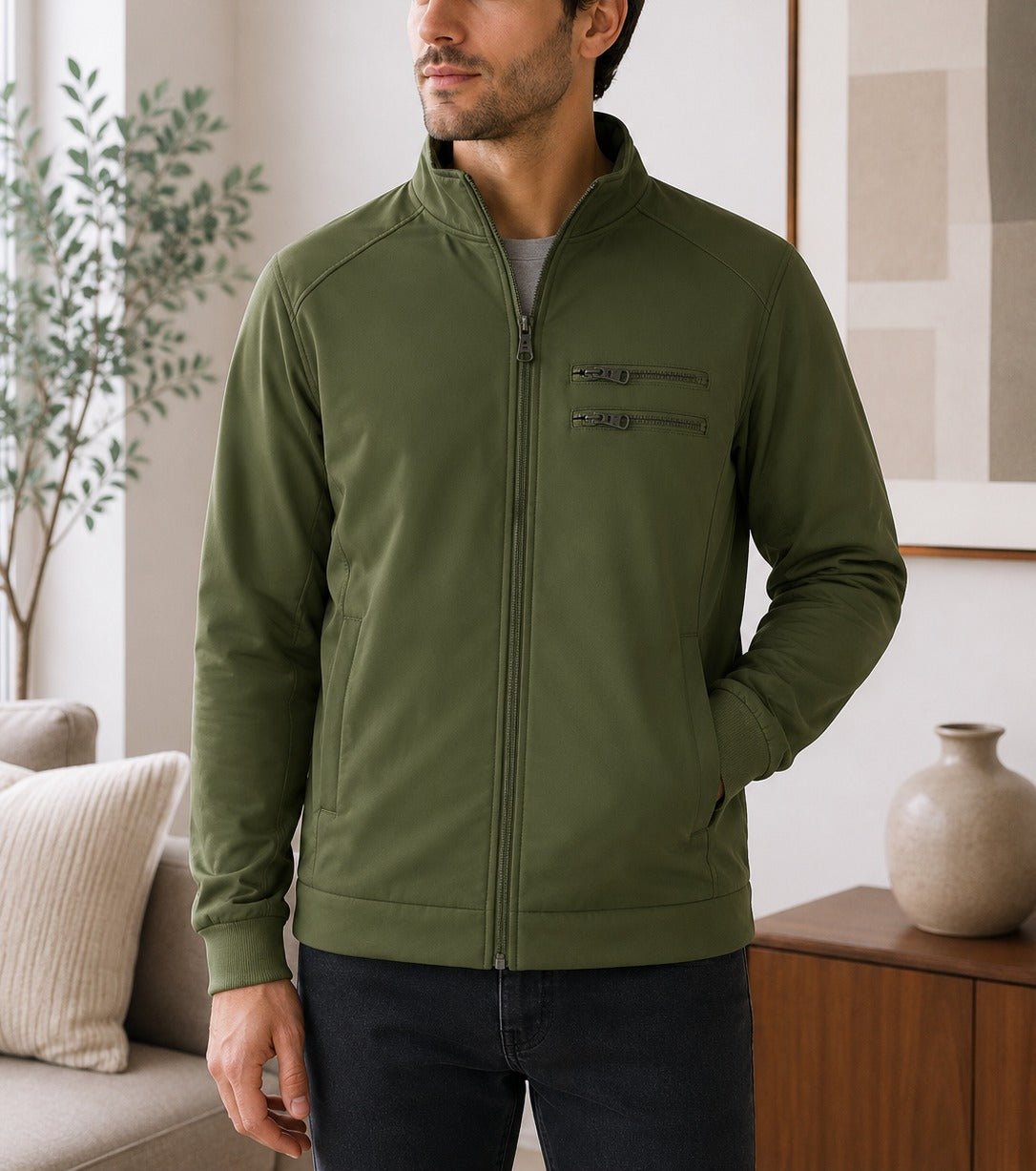 Mens Green Fleece Double Chest Zip Jacket - StylePhase SA