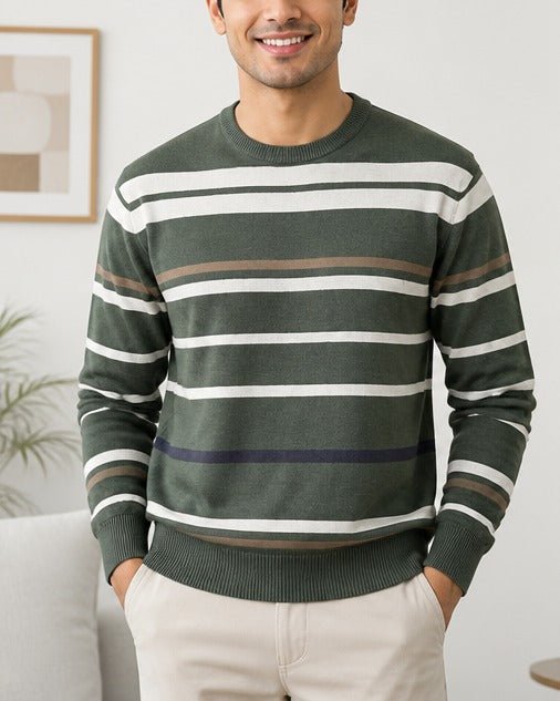 Men's Green Stripe Round Neck Sweater - StylePhase SA
