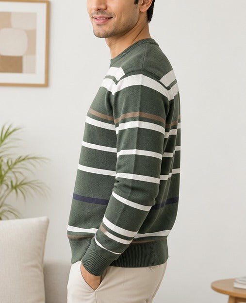Men's Green Stripe Round Neck Sweater - StylePhase SA