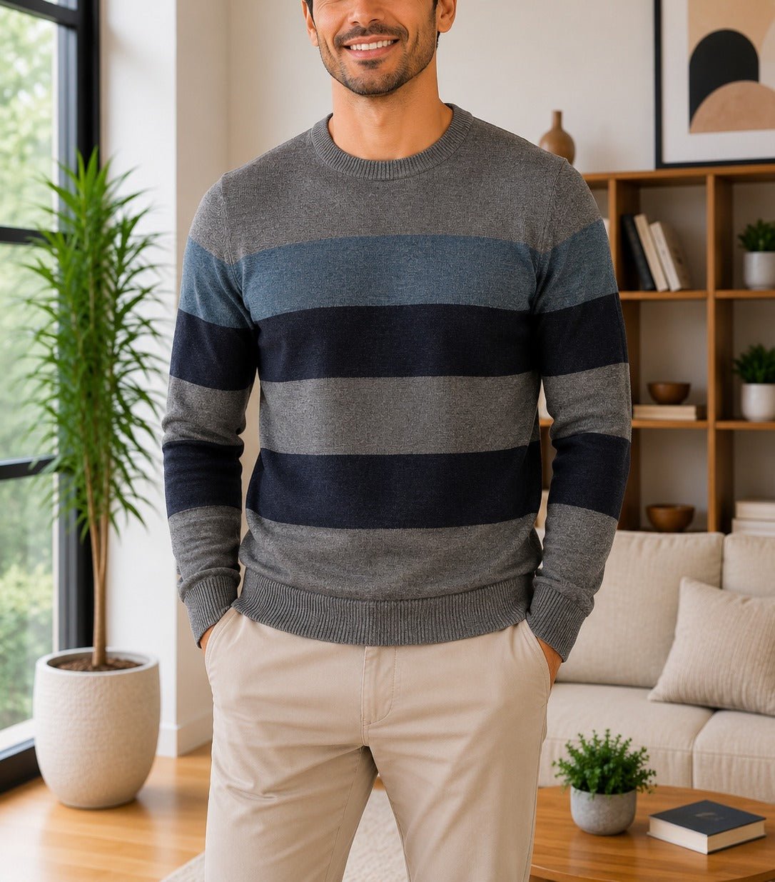 Men's Grey And Blue Stripe Knit Jersey - StylePhase SA