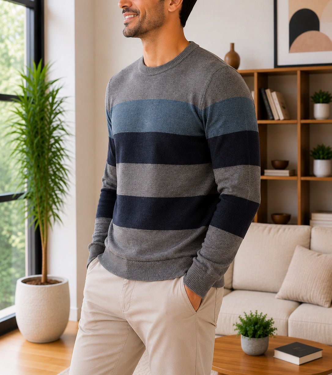 Men's Grey And Blue Stripe Knit Jersey - StylePhase SA