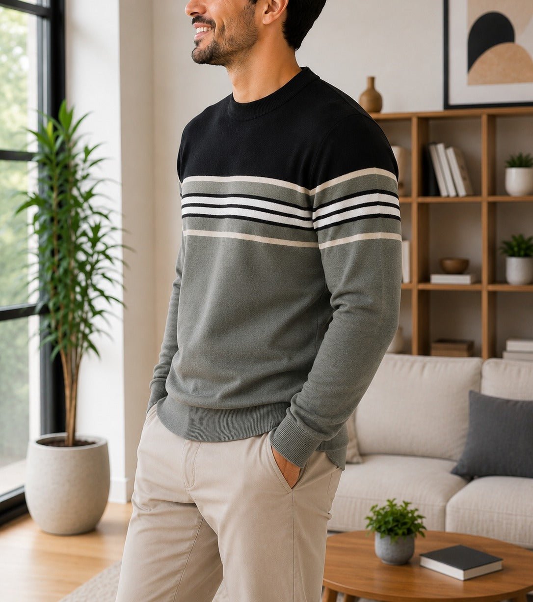 Men's Grey And Sage Stripe Neck Knit Sweater - StylePhase SA