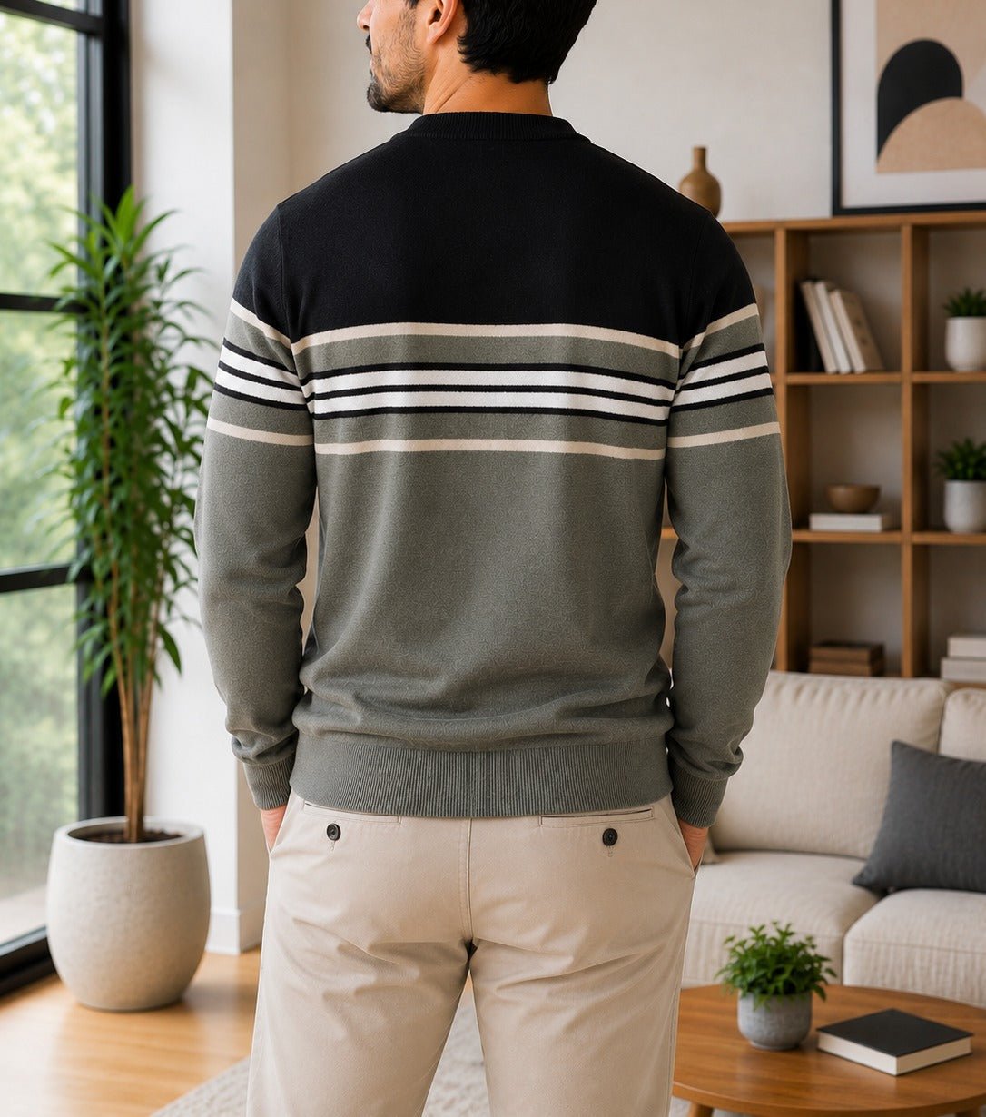 Men's Grey And Sage Stripe Neck Knit Sweater - StylePhase SA