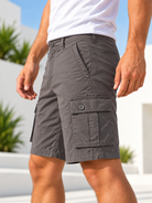 Men's grey cargo shorts side view