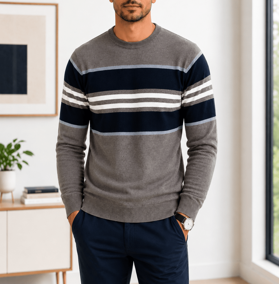 Men's Grey Navy Colour Block Stripe Knit Jersey - StylePhase SA