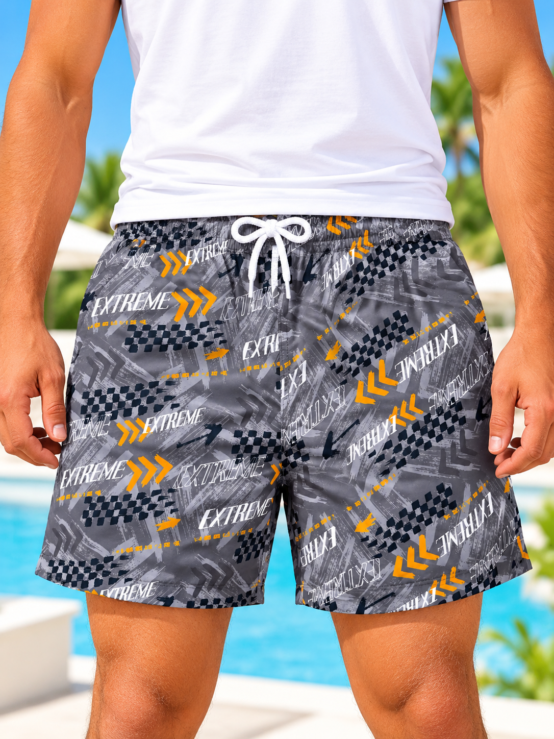 back view of men's grey and orange Extreme print shorts