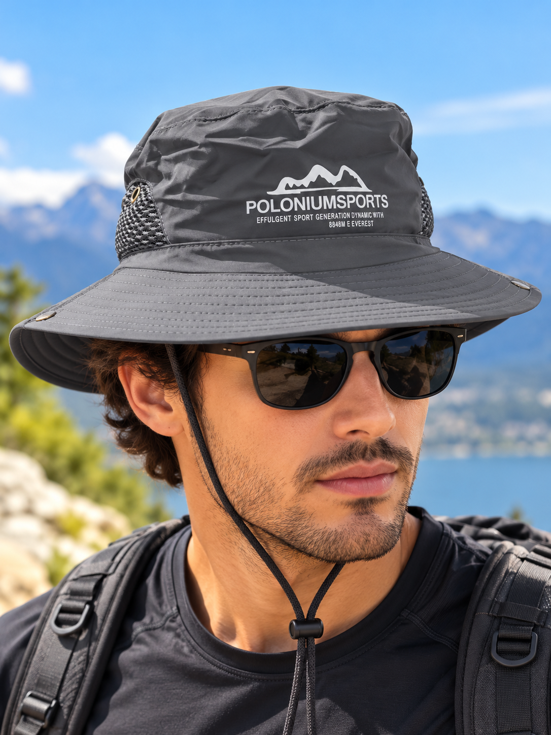 Men's grey POLONIUMSPORTS wide-brim outdoor sun hat with adjustable chin cord